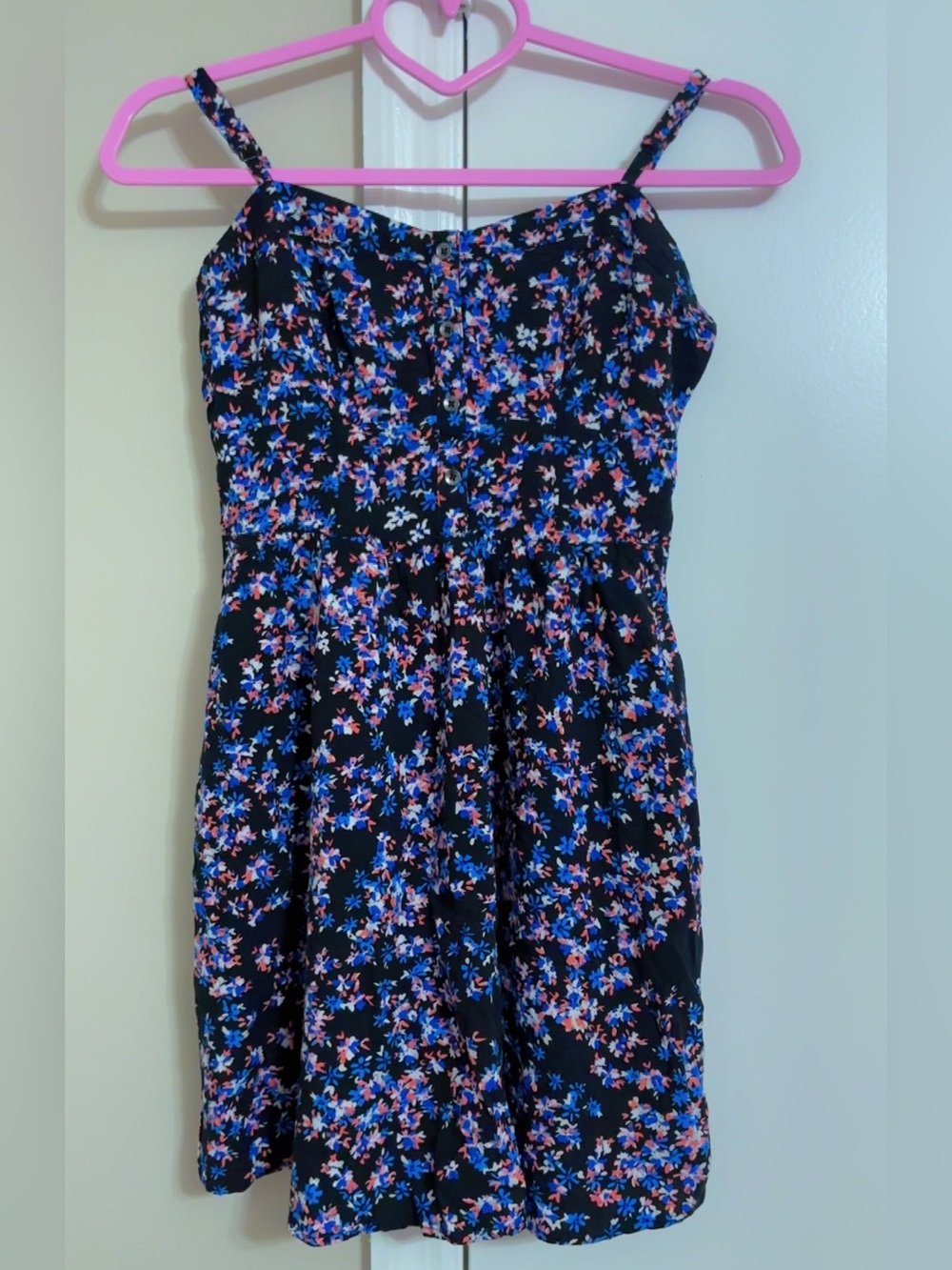Express Black Mini Dress with pockets Blue and Pink Floral Print